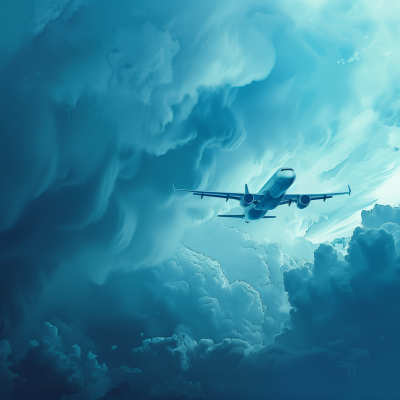 An airplane flying amidst a dramatic sky filled with voluminous clouds.