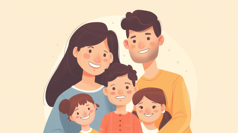 Illustration of a happy family with two parents and three children, smiling together in a close group.