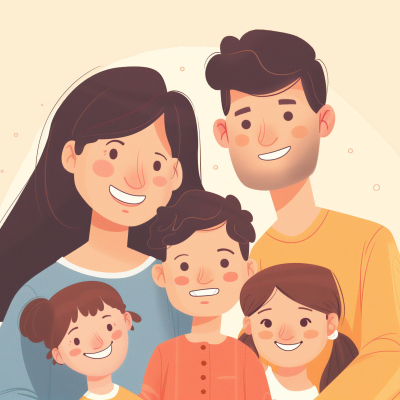 Illustration of a happy family with two parents and three children, smiling together in a close group.