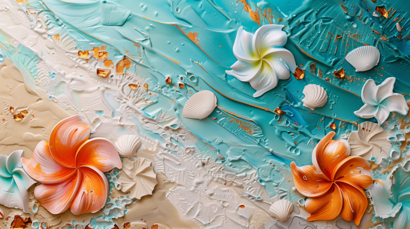 Artistic representation of a beach scene with textured sand, shells, and a white flower against a backdrop of blue and turquoise.