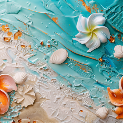 Artistic representation of a beach scene with textured sand, shells, and a white flower against a backdrop of blue and turquoise.