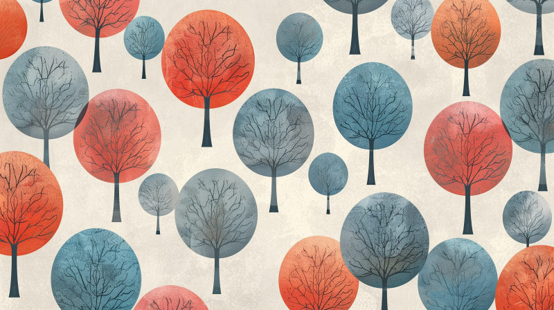 Illustration of a stylized forest with a pattern of colorful trees in red and blue tones on a textured background.