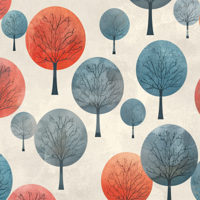 Illustration of a stylized forest with a pattern of colorful trees in red and blue tones on a textured background.