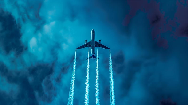 An airplane flying directly overhead against a deep blue sky, leaving a white contrail from its engines.