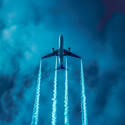 An airplane flying directly overhead against a deep blue sky, leaving a white contrail from its engines.