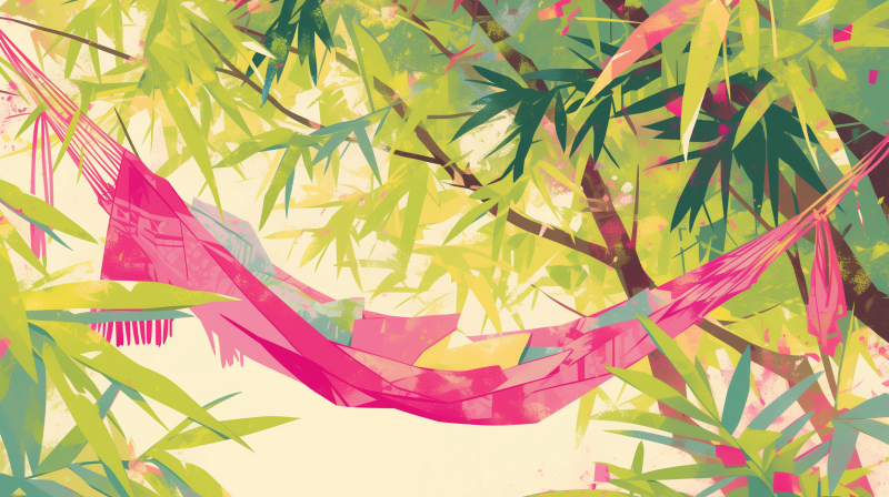 A colorful hammock tied between bamboo trees, evoking a sense of relaxation.