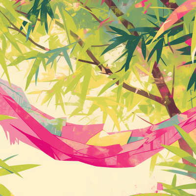 A colorful hammock tied between bamboo trees, evoking a sense of relaxation.