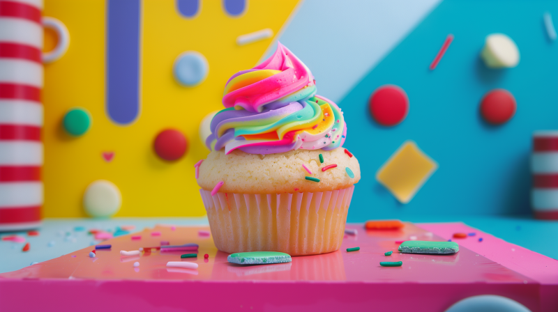 A colorful frosted cupcake with sprinkles on a vibrant, abstract background.