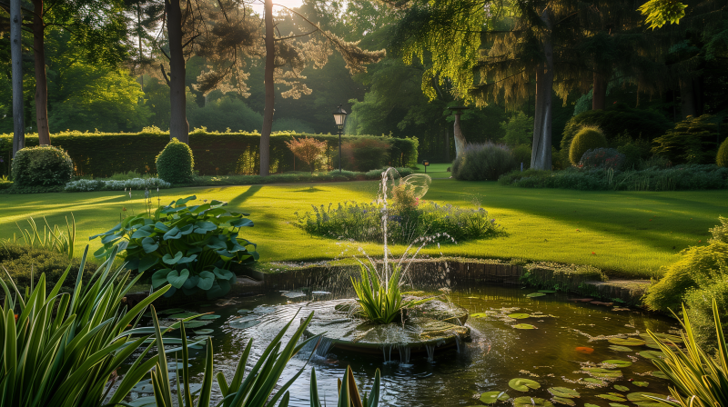 A serene garden scene with a small pond featuring a fountain, surrounded by a well-maintained lawn and lush landscaping, bathed in soft sunlight.