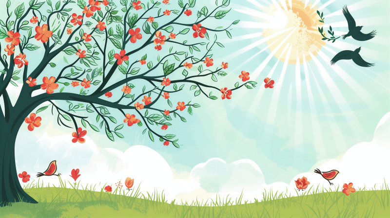 Illustration of a vibrant spring scene with a branch of blooming red flowers against a backdrop of a sunny blue sky with white clouds, and a green grassy field with a few scattered flowers.