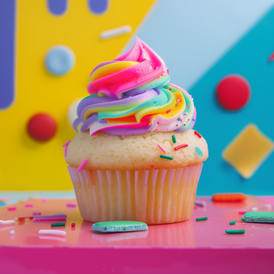 A colorful frosted cupcake with sprinkles on a vibrant, abstract background.