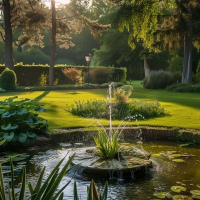 A serene garden scene with a small pond featuring a fountain, surrounded by a well-maintained lawn and lush landscaping, bathed in soft sunlight.