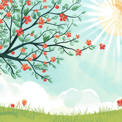 Illustration of a vibrant spring scene with a branch of blooming red flowers against a backdrop of a sunny blue sky with white clouds, and a green grassy field with a few scattered flowers.