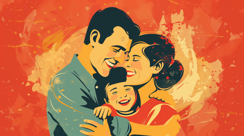 A stylized illustration of a happy family with a smiling man, woman, and child embracing each other closely.