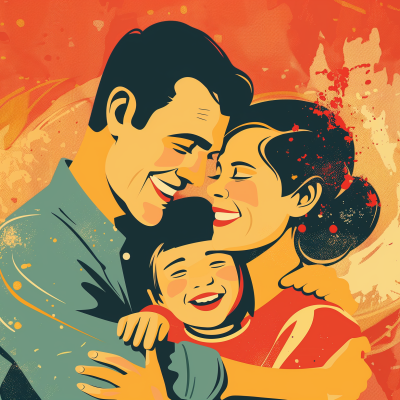 A stylized illustration of a happy family with a smiling man, woman, and child embracing each other closely.