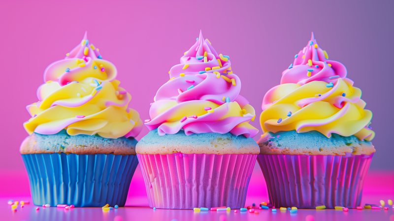 Three colorful cupcakes with pastel icing and sprinkles on a pink background.