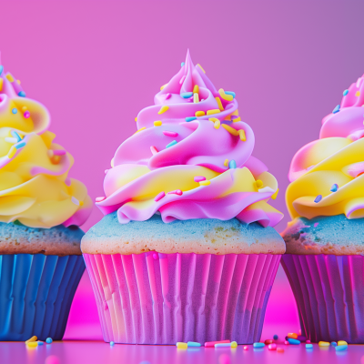 Three colorful cupcakes with pastel icing and sprinkles on a pink background.