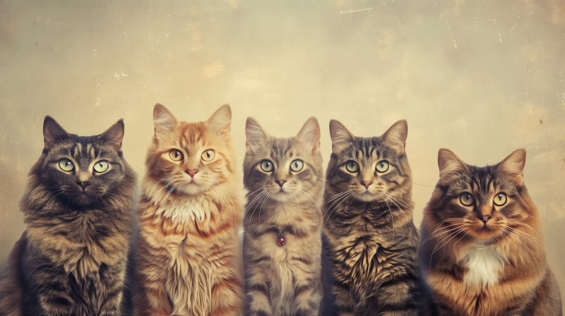 Three cats sitting side by side, looking forward with a vintage textured backdrop. The cat on the left is a ginger tabby, the middle one is a grey tabby with a red collar, and the one on the right is a darker tabby.