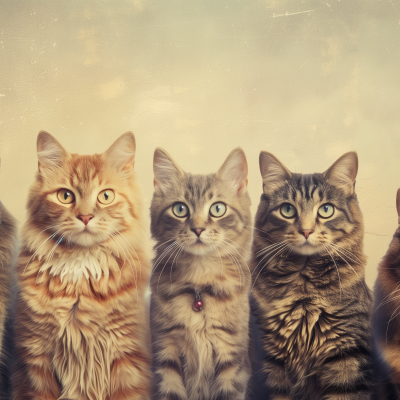 Three cats sitting side by side, looking forward with a vintage textured backdrop. The cat on the left is a ginger tabby, the middle one is a grey tabby with a red collar, and the one on the right is a darker tabby.