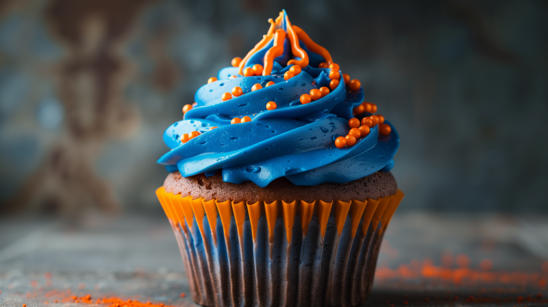 A close-up of a cupcake with vibrantly blue and orange icing, decorated with small orange beads on top, sitting in a matching orange paper cup.