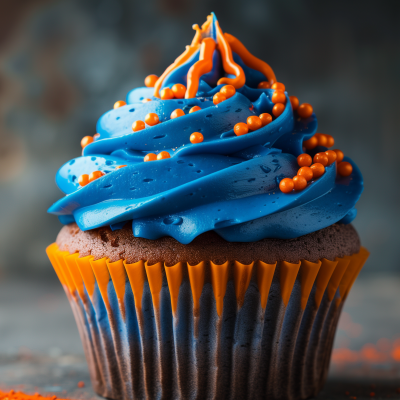 A close-up of a cupcake with vibrantly blue and orange icing, decorated with small orange beads on top, sitting in a matching orange paper cup.