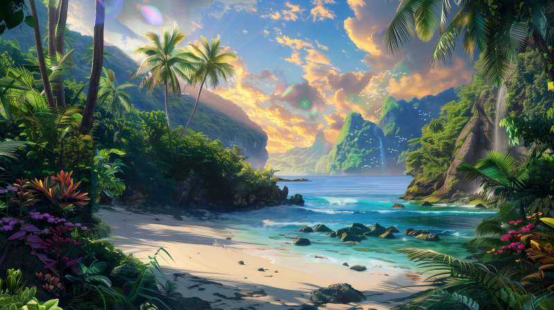 A fantastical beach scene during sunset with vibrant colors in the sky, palm trees swaying, and serene blue waters surrounded by towering cliffs.