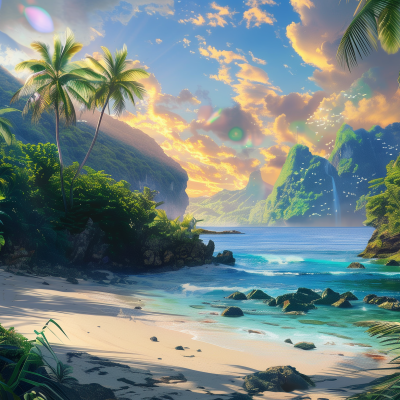 A fantastical beach scene during sunset with vibrant colors in the sky, palm trees swaying, and serene blue waters surrounded by towering cliffs.