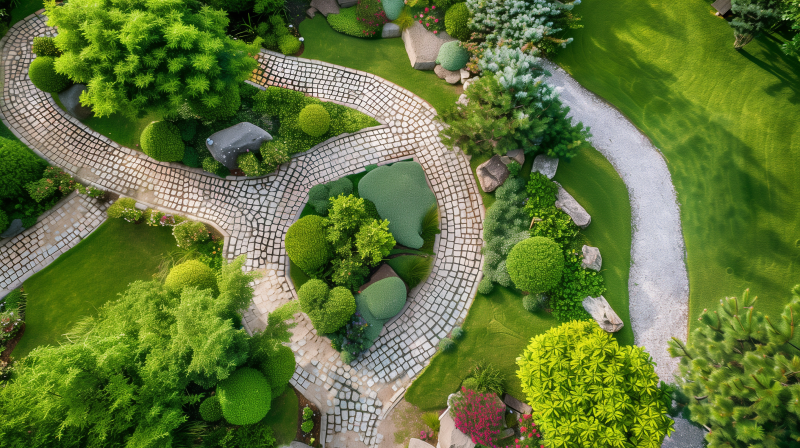 An aerial view of a beautifully landscaped garden with a winding tiled path, well-manicured lawns, and a variety of lush plants and shrubs.