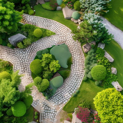 An aerial view of a beautifully landscaped garden with a winding tiled path, well-manicured lawns, and a variety of lush plants and shrubs.