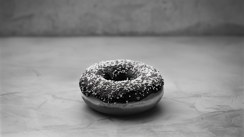 A black and white image of a doughnut sprinkled with powdered sugar on a textured surface.