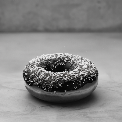 A black and white image of a doughnut sprinkled with powdered sugar on a textured surface.