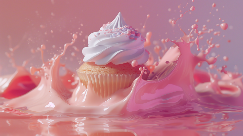 A cupcake with white frosting and sprinkles atop, surrounded by splashes of pink liquid.