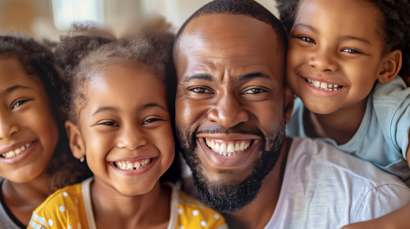 A close-up of a happy family with a smiling man and two joyful children.