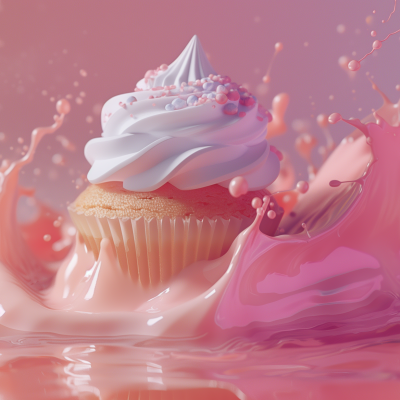 A cupcake with white frosting and sprinkles atop, surrounded by splashes of pink liquid.