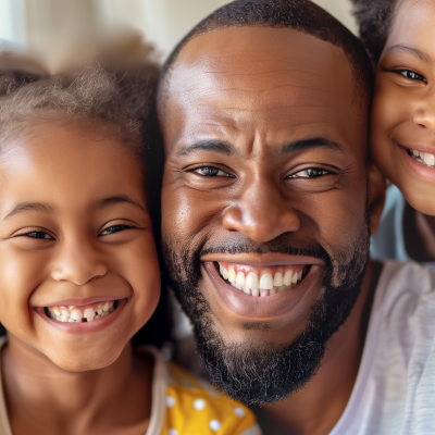 A close-up of a happy family with a smiling man and two joyful children.