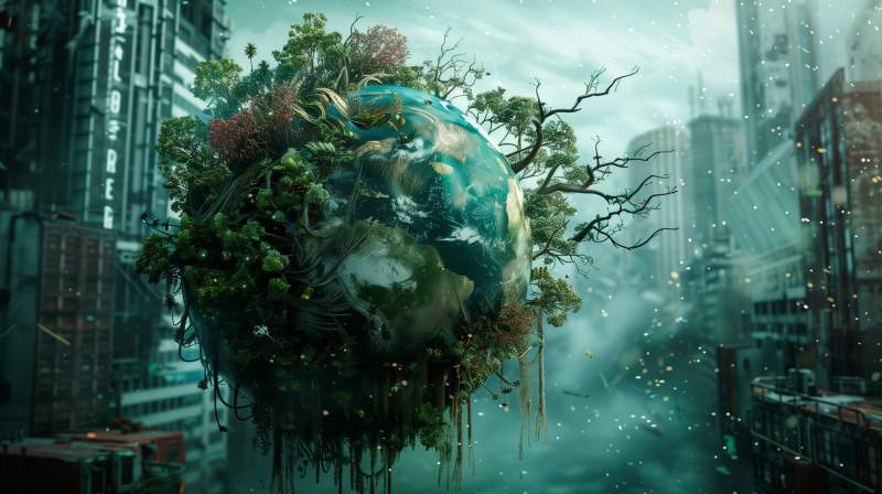 A fantastical depiction of Earth as a lush globe teeming with greenery and trees, with a city skyline faintly visible in the background.