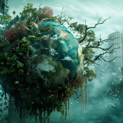 A fantastical depiction of Earth as a lush globe teeming with greenery and trees, with a city skyline faintly visible in the background.