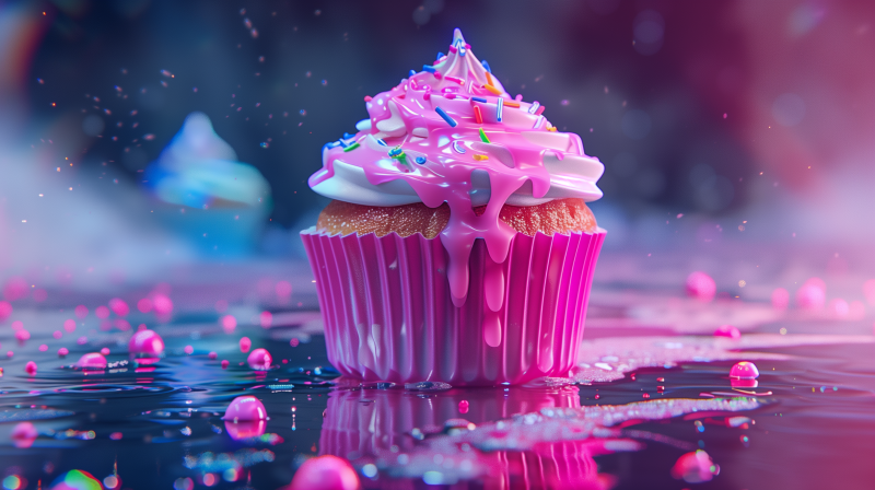 A colorful cupcake with vibrant pink icing and sprinkles on top, sitting on a reflective surface with droplets scattered around.