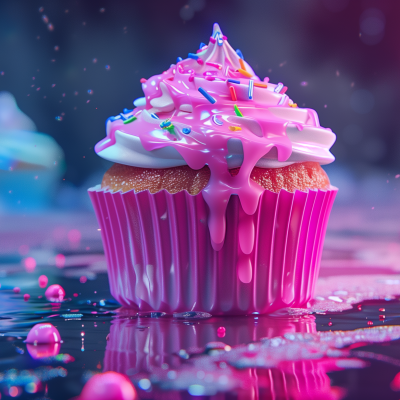 A colorful cupcake with vibrant pink icing and sprinkles on top, sitting on a reflective surface with droplets scattered around.