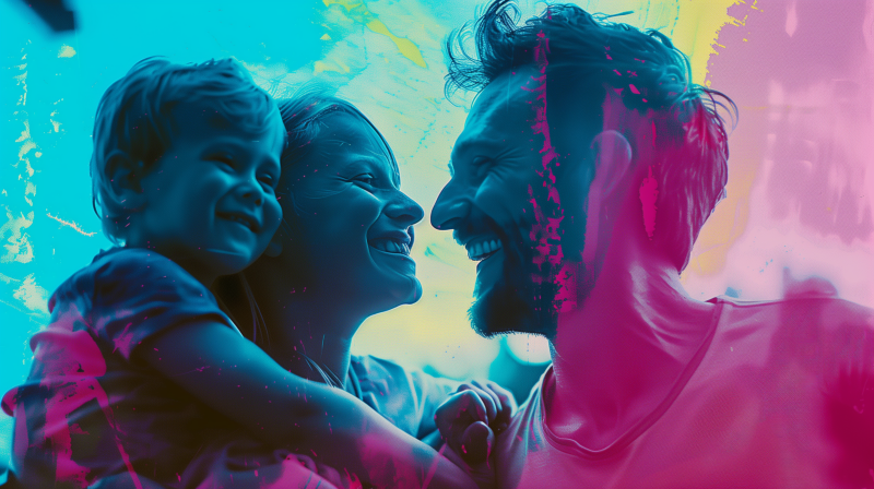 A joyful family with a child laughing together, with vibrant blue and pink colors enhancing the happy mood.