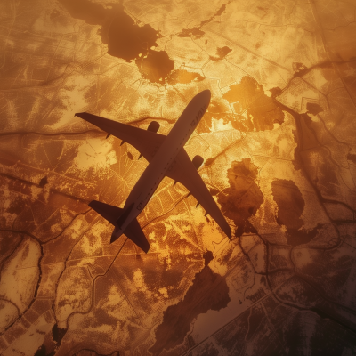 An airplane flying over a golden map, signifying travel and exploration.