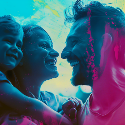 A joyful family with a child laughing together, with vibrant blue and pink colors enhancing the happy mood.