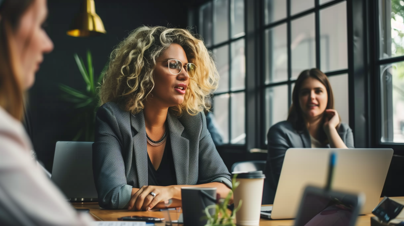 A professional woman with curly hair and sunglasses engaged in a business meeting, with a laptop and a colleague partially visible in the background.