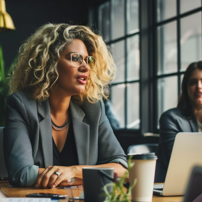 A professional woman with curly hair and sunglasses engaged in a business meeting, with a laptop and a colleague partially visible in the background.