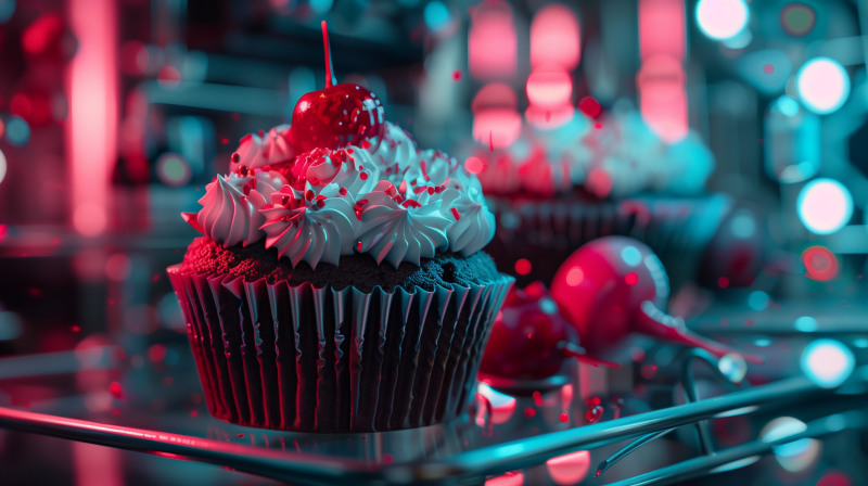 A decadent chocolate cupcake topped with swirls of vanilla frosting, sprinkles, and a glossy cherry under a moody, red-tinted lighting.