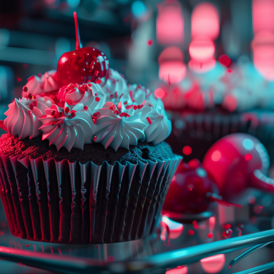 A decadent chocolate cupcake topped with swirls of vanilla frosting, sprinkles, and a glossy cherry under a moody, red-tinted lighting.