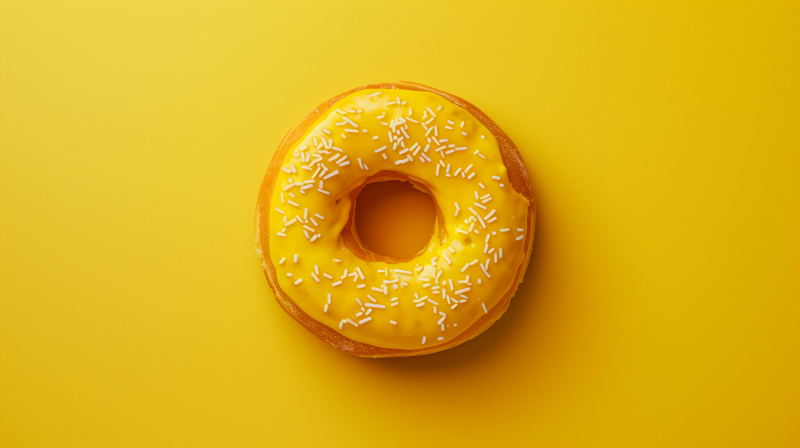 A yellow frosted doughnut with white sprinkles on a yellow background.