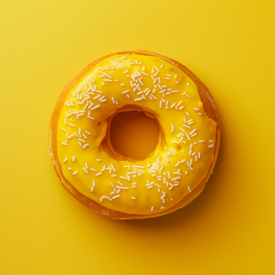 A yellow frosted doughnut with white sprinkles on a yellow background.