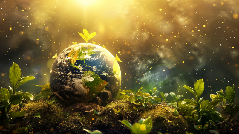 Illustration of a glowing Earth with a sprout growing on top, symbolizing renewal and sustainability, set against a backdrop with a mystical and sparkling atmosphere in honor of Earth Day.