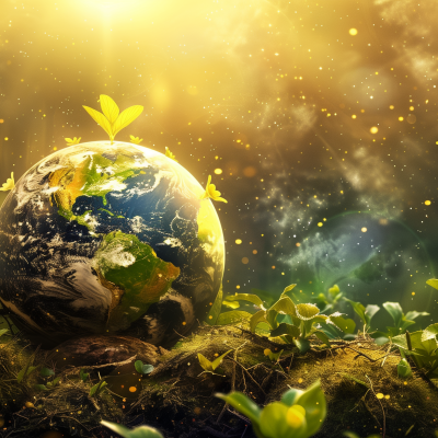 Illustration of a glowing Earth with a sprout growing on top, symbolizing renewal and sustainability, set against a backdrop with a mystical and sparkling atmosphere in honor of Earth Day.